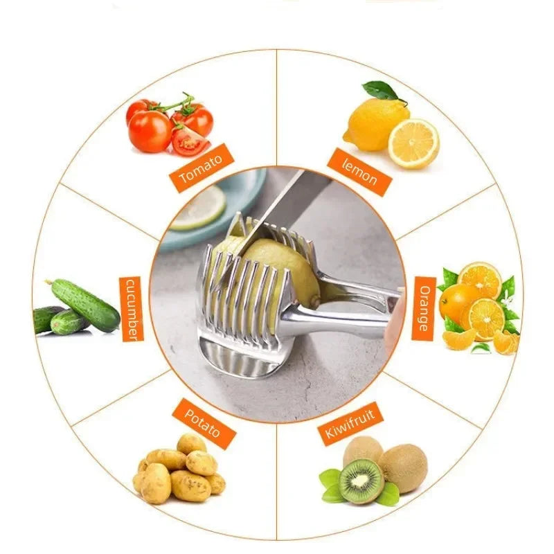 Cortador pratico de cebola, tomate, batatas e vegetais. Acessório de segurança em aço inoxidável